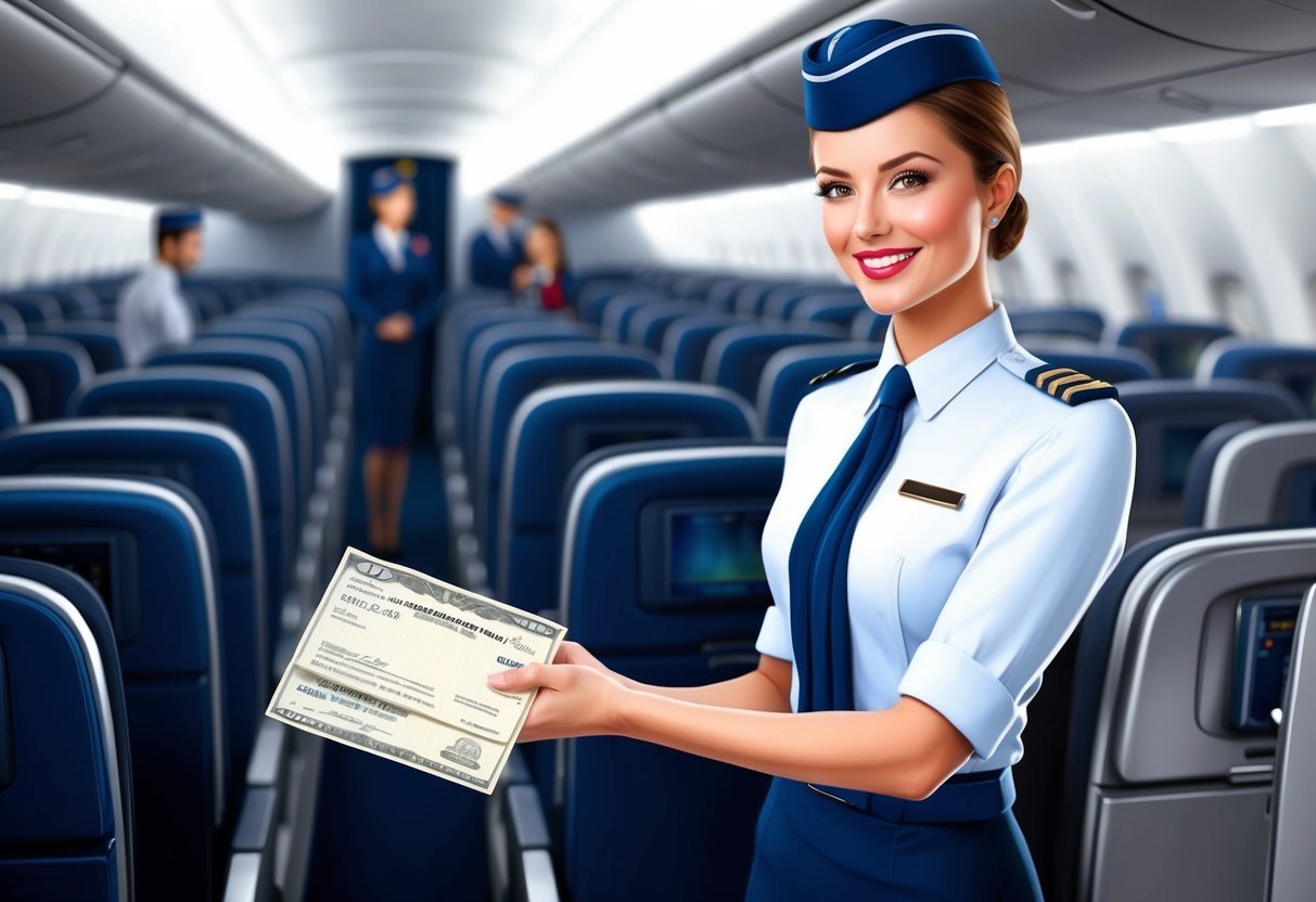 A flight attendant in uniform holding a paycheck with a satisfied expression