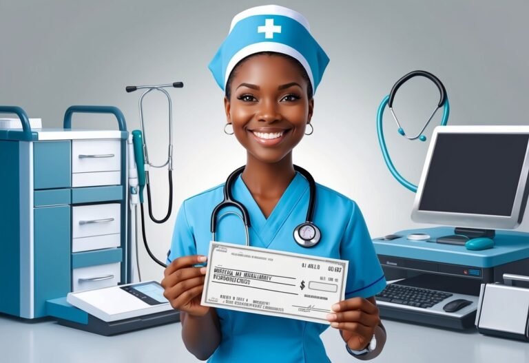 Smiling nurse in blue uniform holding a check, medical equipment in background