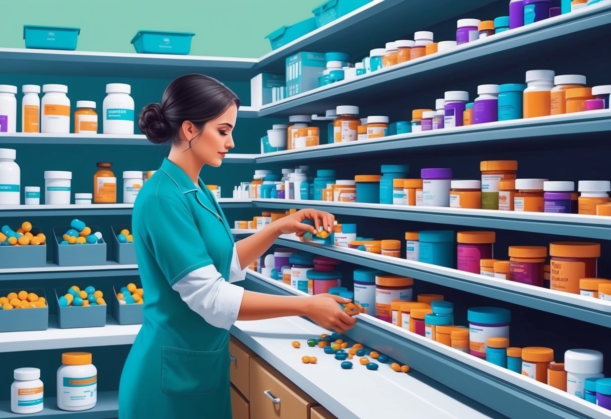 A pharmacy technician counting pills and organizing shelves in a busy pharmacy