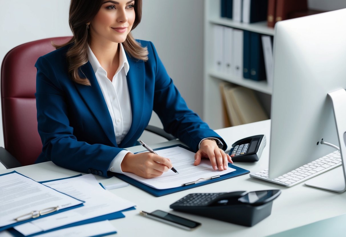 A paralegal working at a desk, surrounded by legal documents, a computer, and a phone