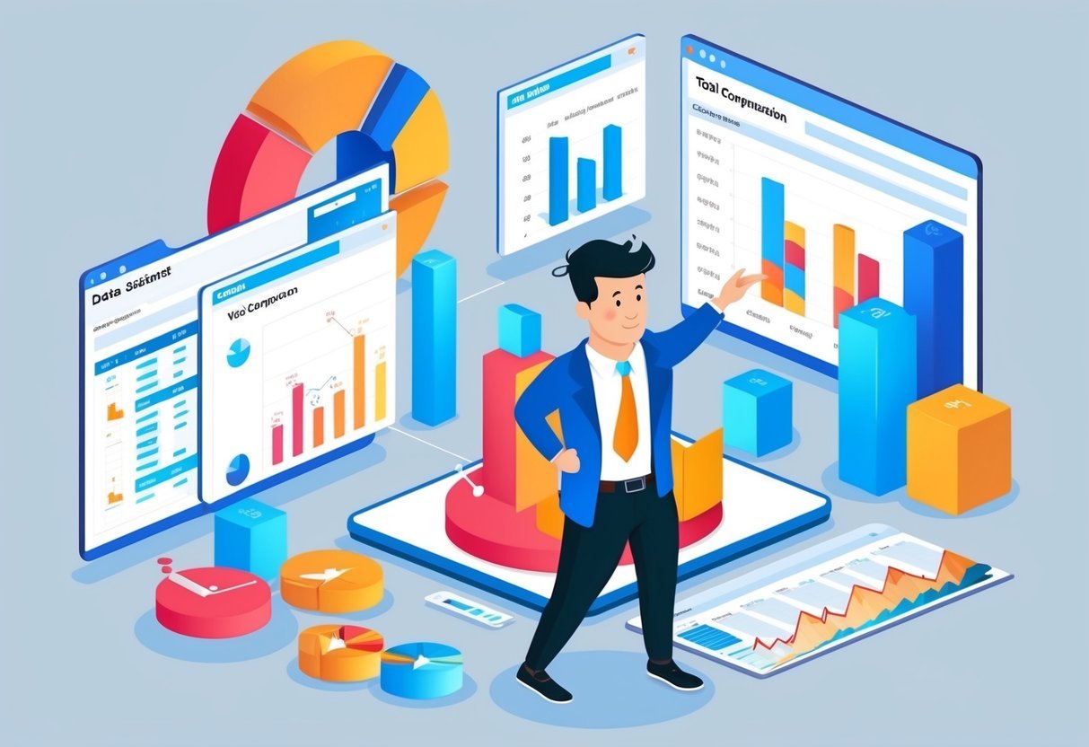 A data scientist surrounded by charts and graphs, analyzing total compensation data