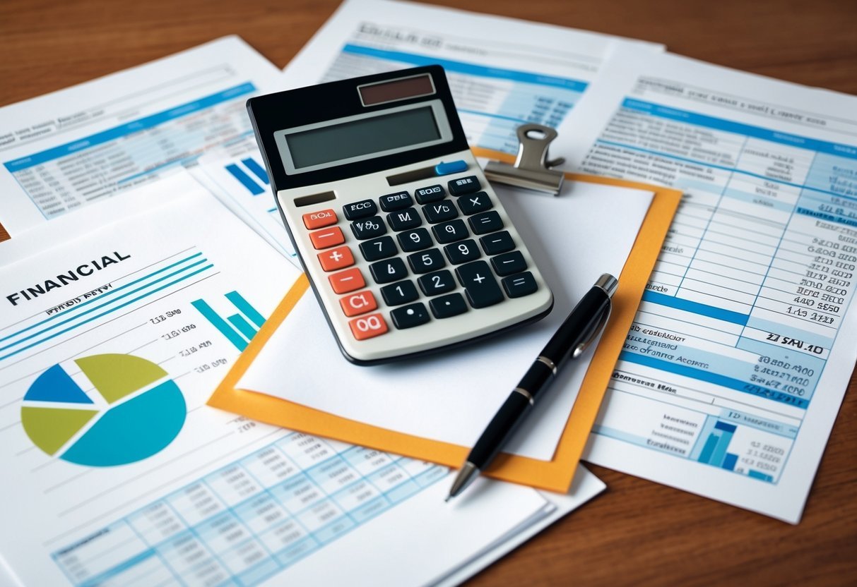 A calculator, pen, and paper on a desk surrounded by financial documents and spreadsheets