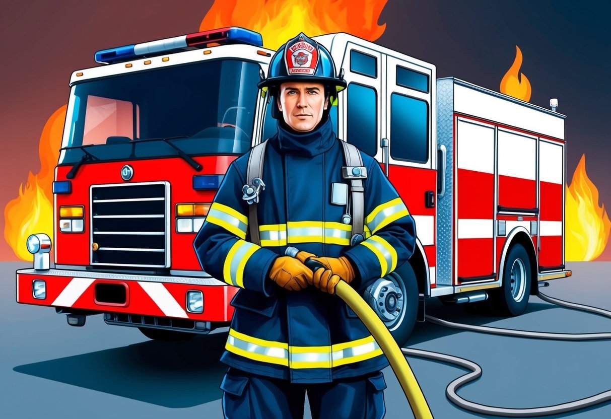 A firefighter standing in front of a fire truck, wearing full protective gear and holding a hose, with flames and smoke in the background