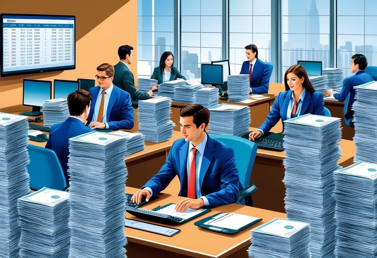 A bustling office scene with accountants working at desks, surrounded by stacks of financial documents and computer screens displaying salary data