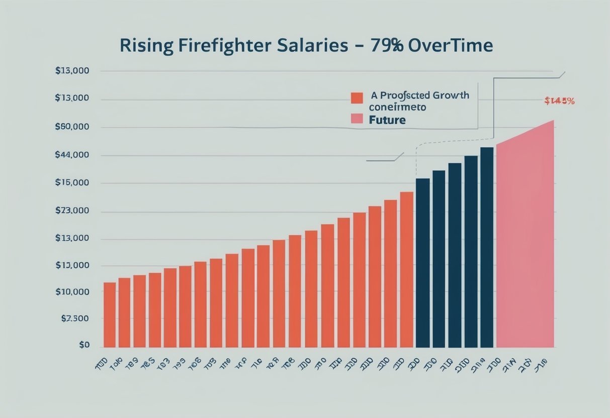 A bar graph showing rising firefighter salaries over time, with projected growth continuing into the future