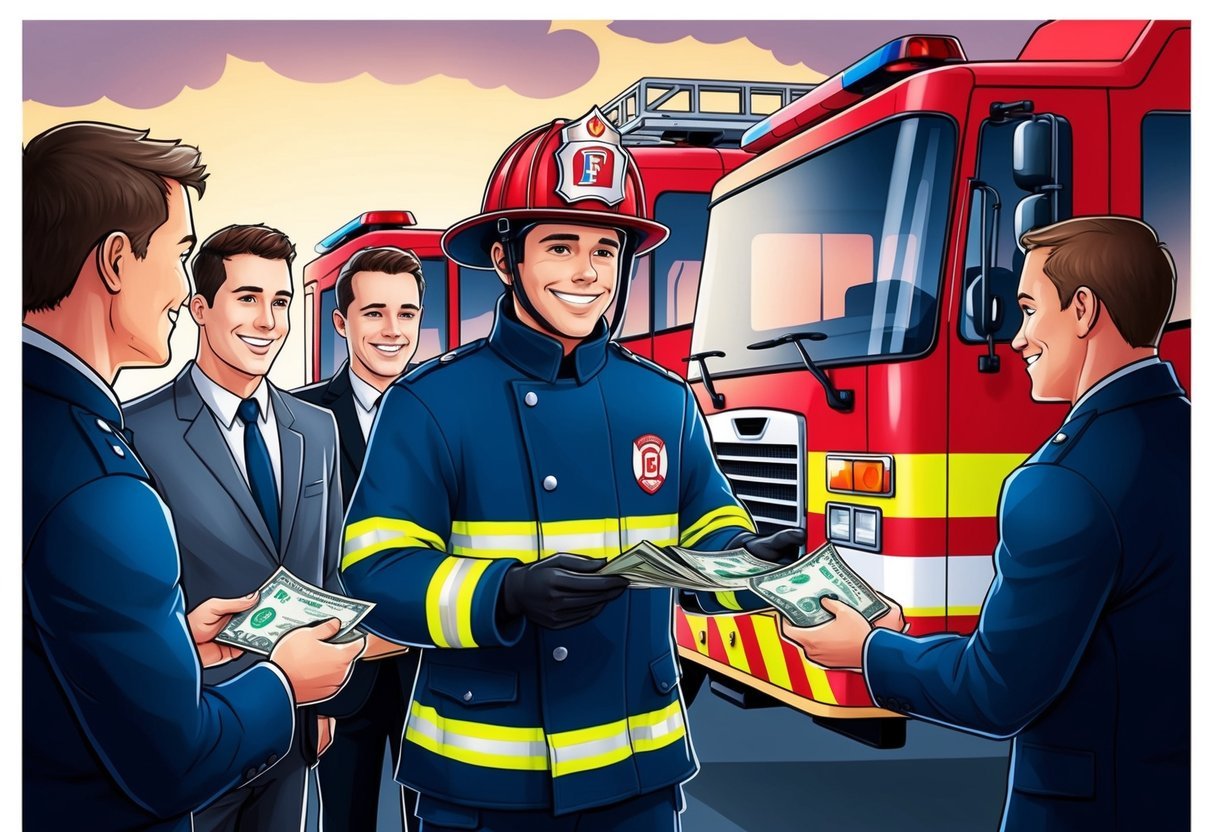 A firefighter in uniform receiving a paycheck with a smile, surrounded by colleagues and a fire truck