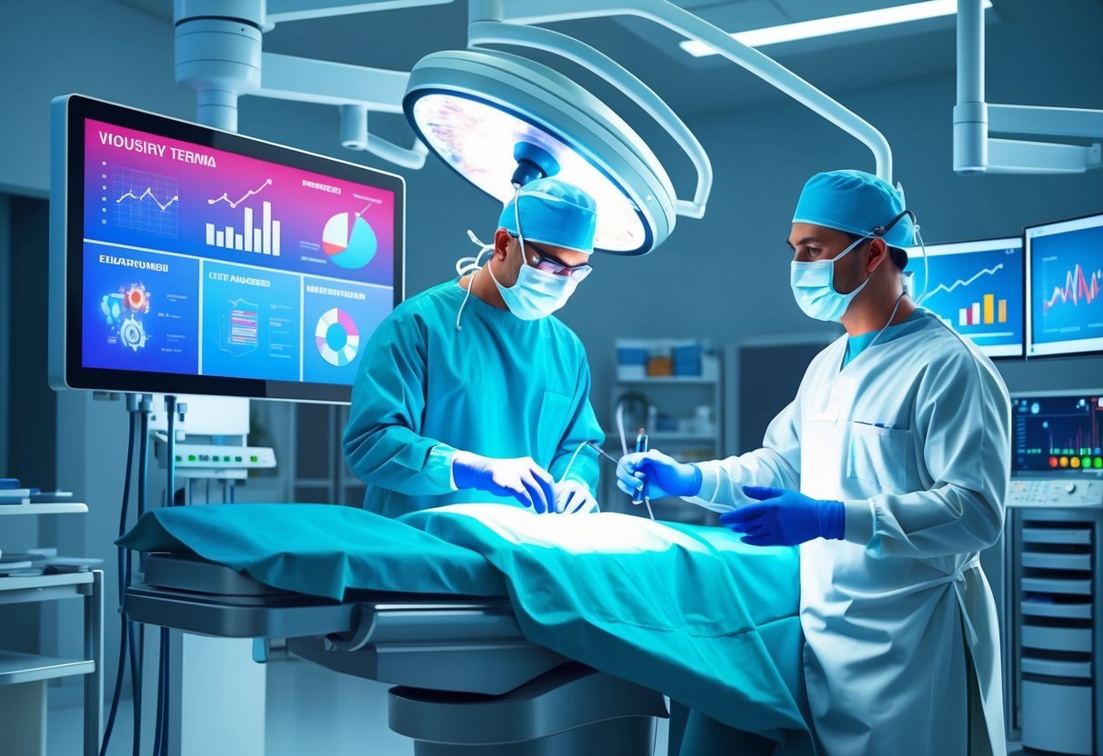 A neurosurgeon in a modern operating room, surrounded by advanced medical equipment, consulting a digital screen displaying industry trends and analysis