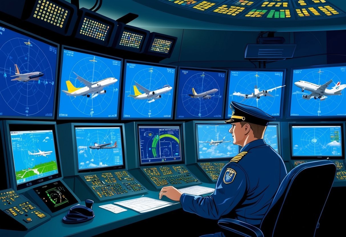 An air traffic controller monitors multiple aircraft on radar screens in a dimly lit control tower, communicating with pilots and ensuring safe takeoffs and landings