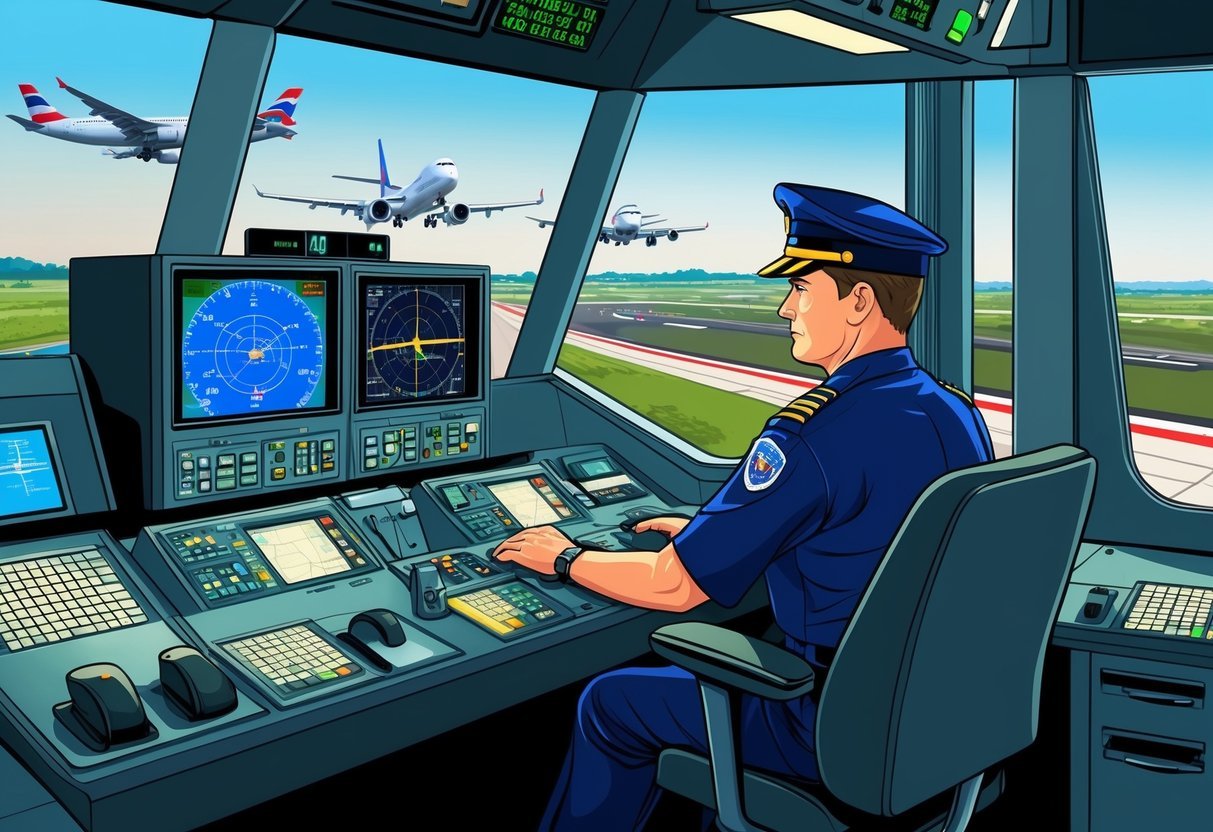 An air traffic controller sits in a control tower, overseeing the movement of planes on the runway and in the sky.</p><p>A radar screen and communication equipment are visible in the background