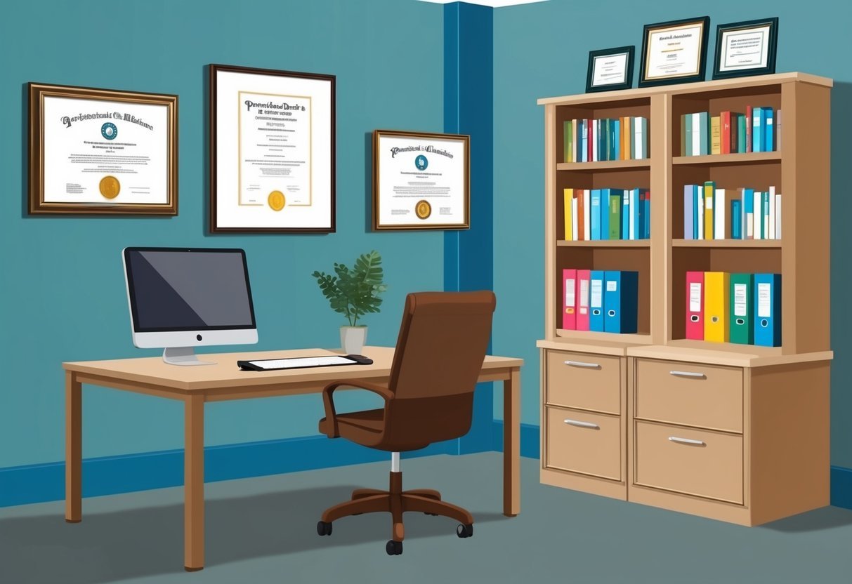 A psychiatrist's office with a desk, chair, and bookshelves.</p><p>A diploma and framed certificates hang on the wall.</p><p>A computer and filing cabinet are visible