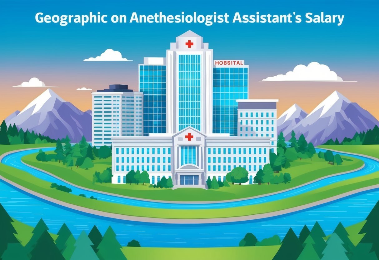 A city skyline with a hospital in the foreground, surrounded by mountains and a river, showcasing the geographic impact on an anesthesiologist assistant's salary