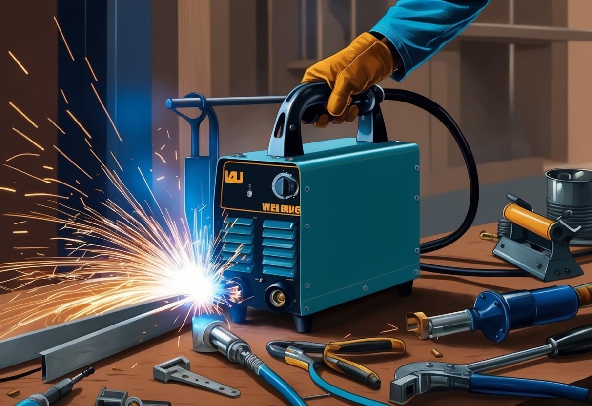 A welding machine in operation, with sparks flying as it fuses metal together.</p><p>Various welding tools and equipment are scattered around the work area