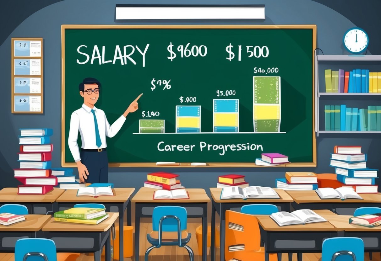 A classroom with a chalkboard displaying salary figures, surrounded by books and educational materials.</p><p>A teacher stands at the front, pointing to a chart showing career progression