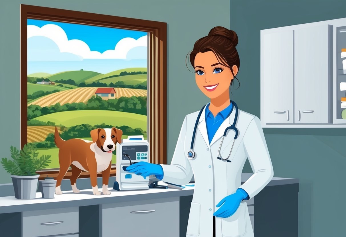 A vet tech working in a rural clinic with rolling hills and farmland visible through the window, suggesting lower earnings