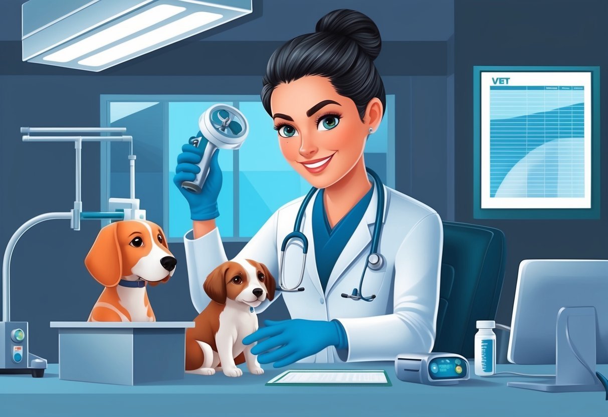 A vet tech in a modern clinic, using advanced equipment and gaining valuable experience