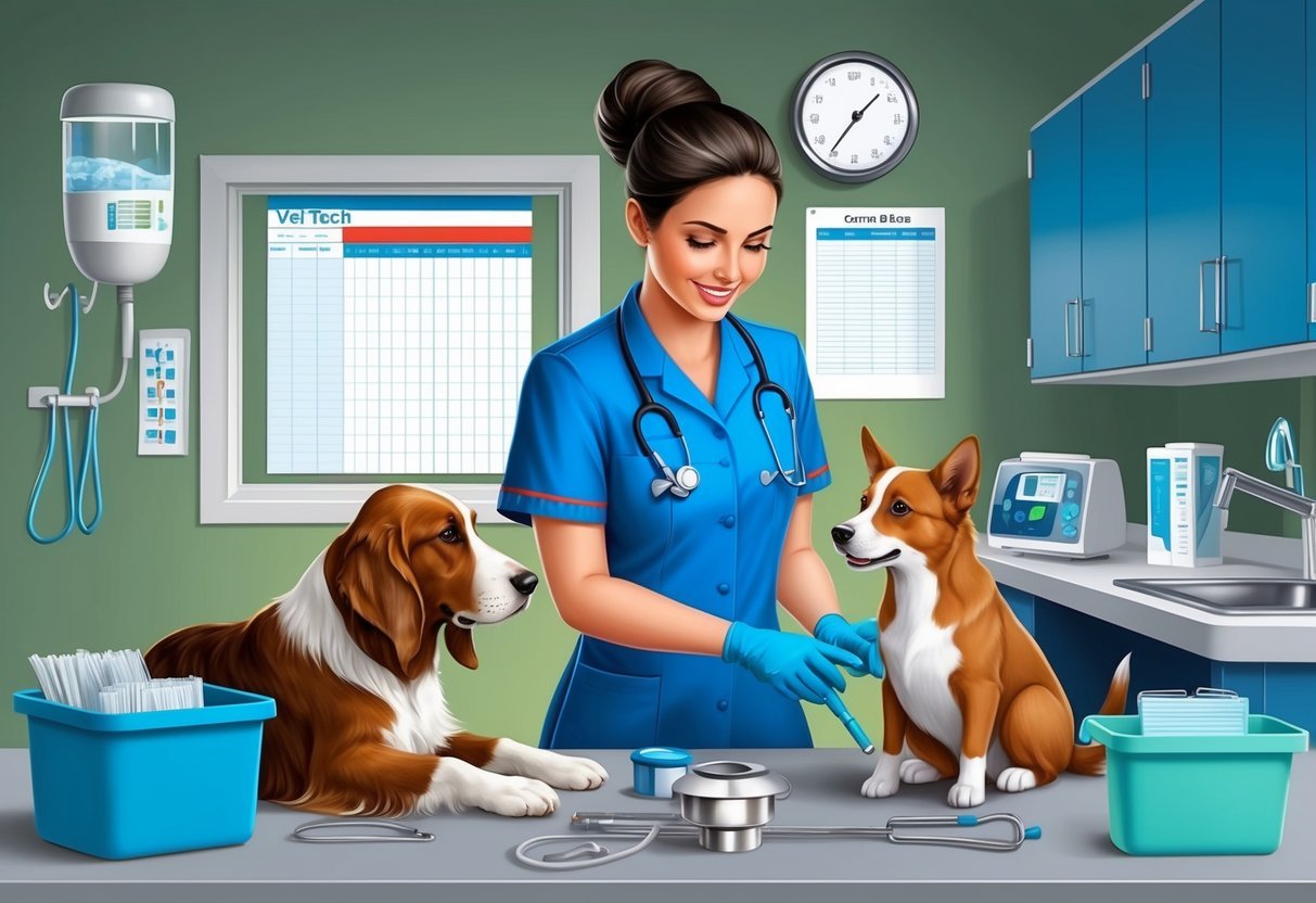 A vet tech in uniform caring for animals in a veterinary clinic, surrounded by medical equipment and charts