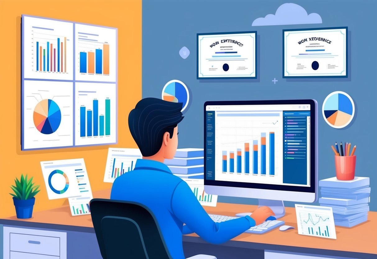 A person analyzing data on a computer, surrounded by charts and graphs, with a diploma and work experience certificates on the wall