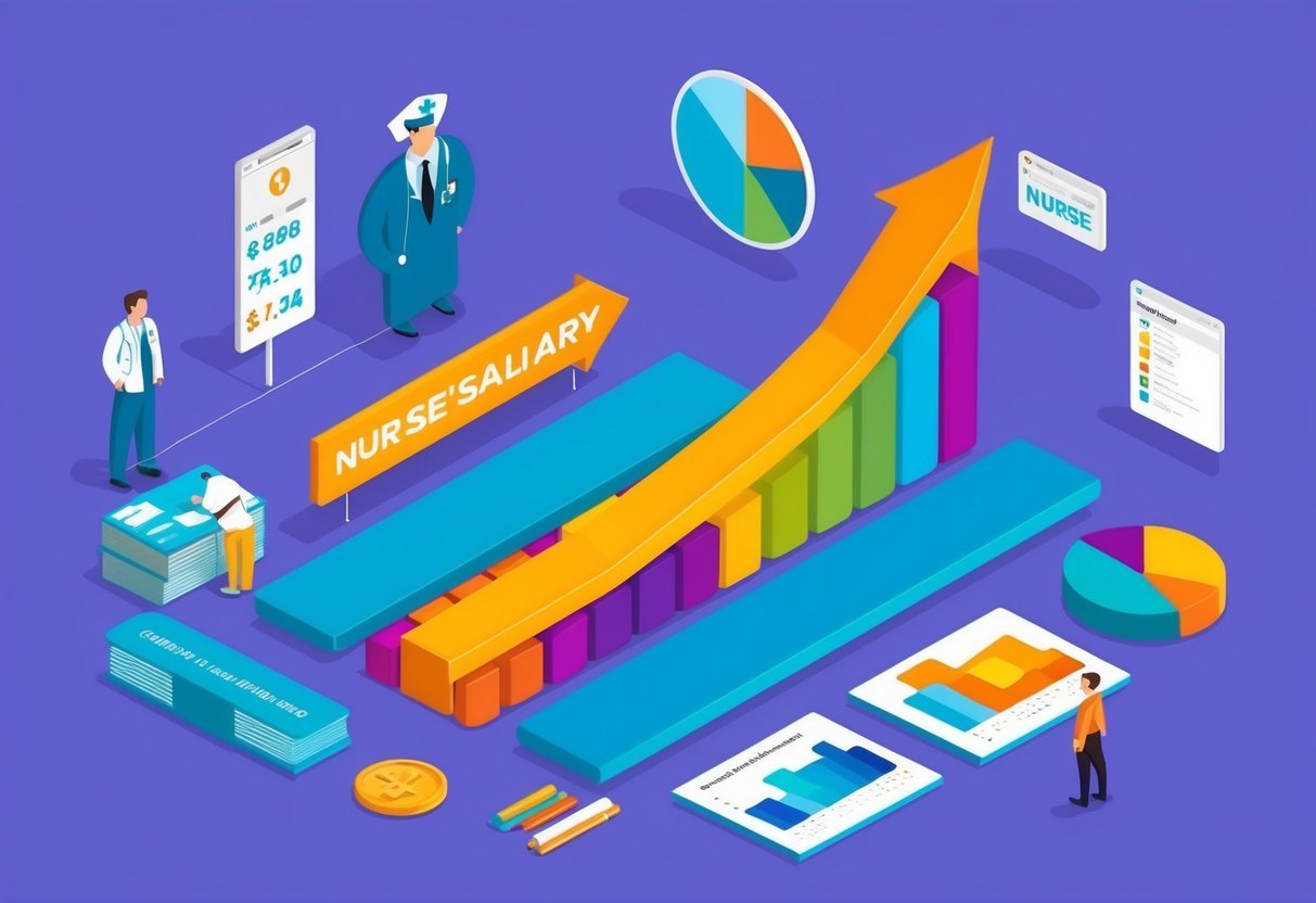 A nurse's salary graph trends upwards, surrounded by job market statistics and employment outlook data