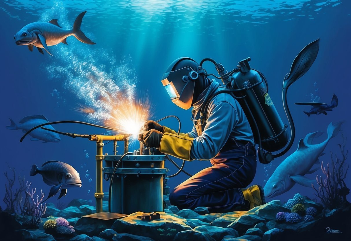 An underwater welder surrounded by deep-sea creatures, working in challenging conditions to earn their salary