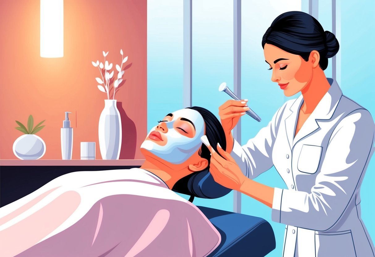 An esthetician performing a facial treatment in a modern spa setting, with soothing colors and soft lighting