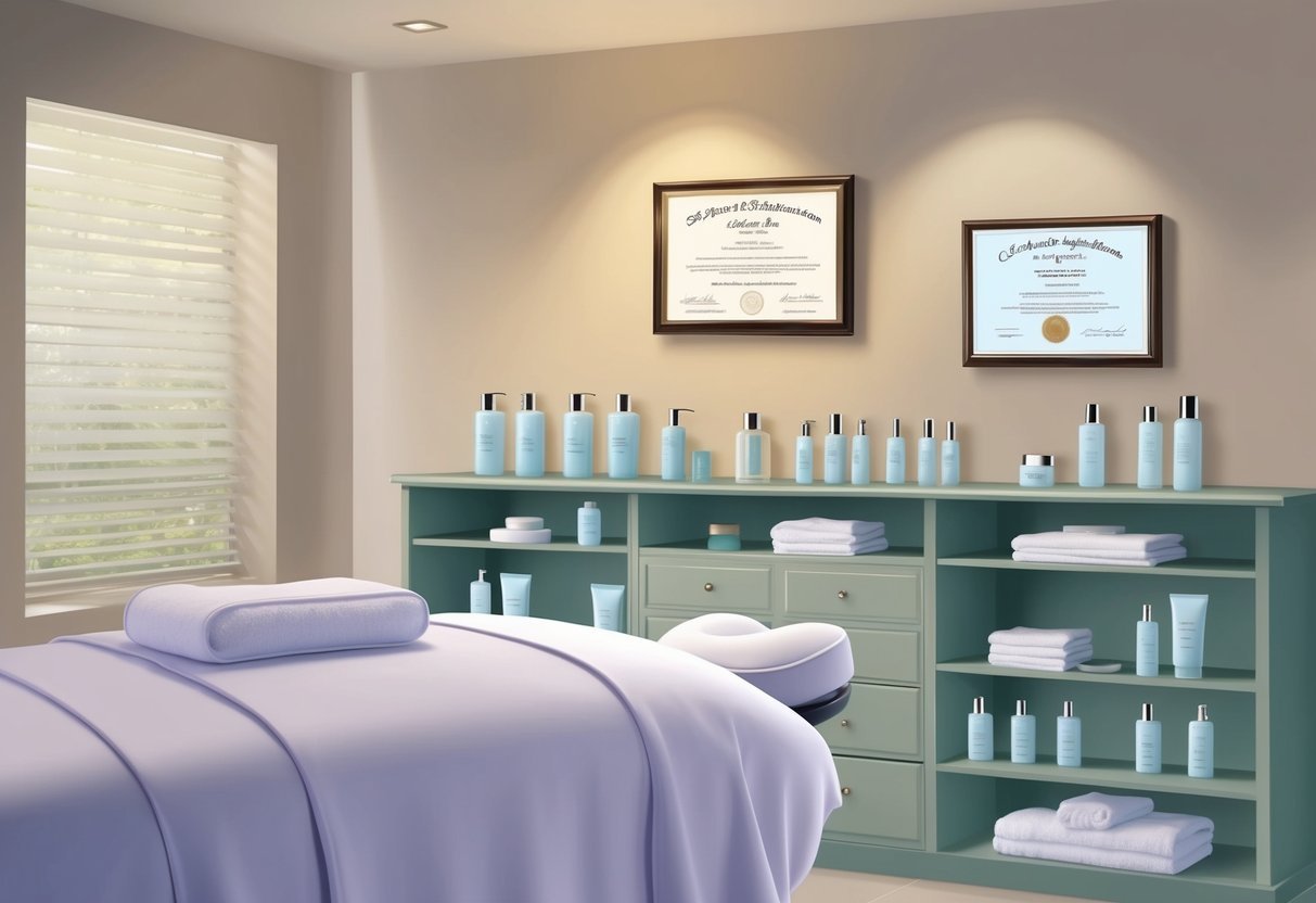 A serene spa room with soft lighting, a comfortable treatment bed, and shelves stocked with skincare products.</p><p>A diploma and certification plaque hang on the wall