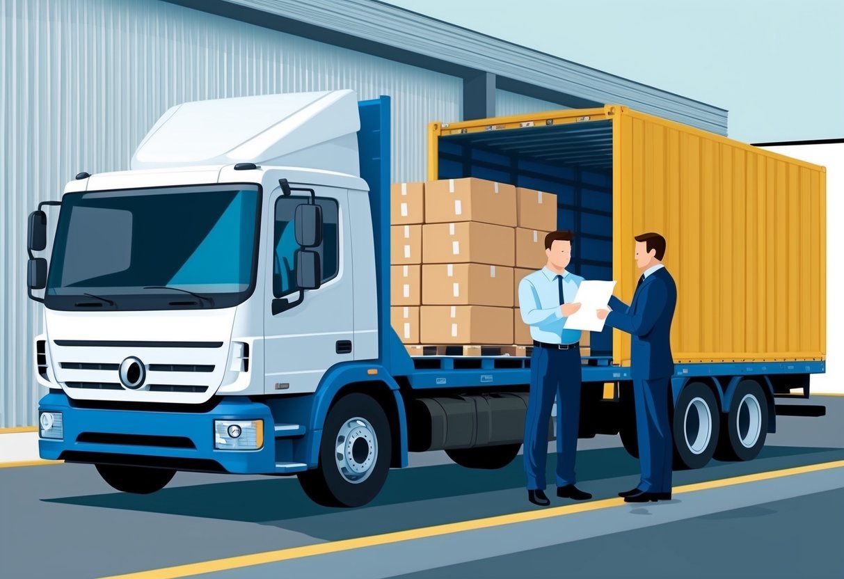 A truck parked beside a warehouse, with a stack of boxes being loaded onto it.</p><p>A manager hands a document to the driver