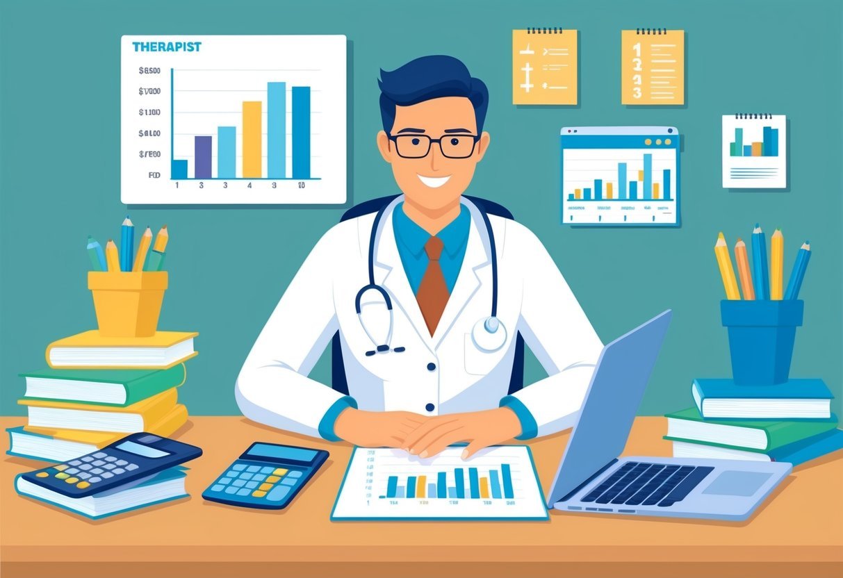 A therapist sitting at a desk, surrounded by books and charts, with a calculator and a laptop open, while looking at a graph showing earnings over time