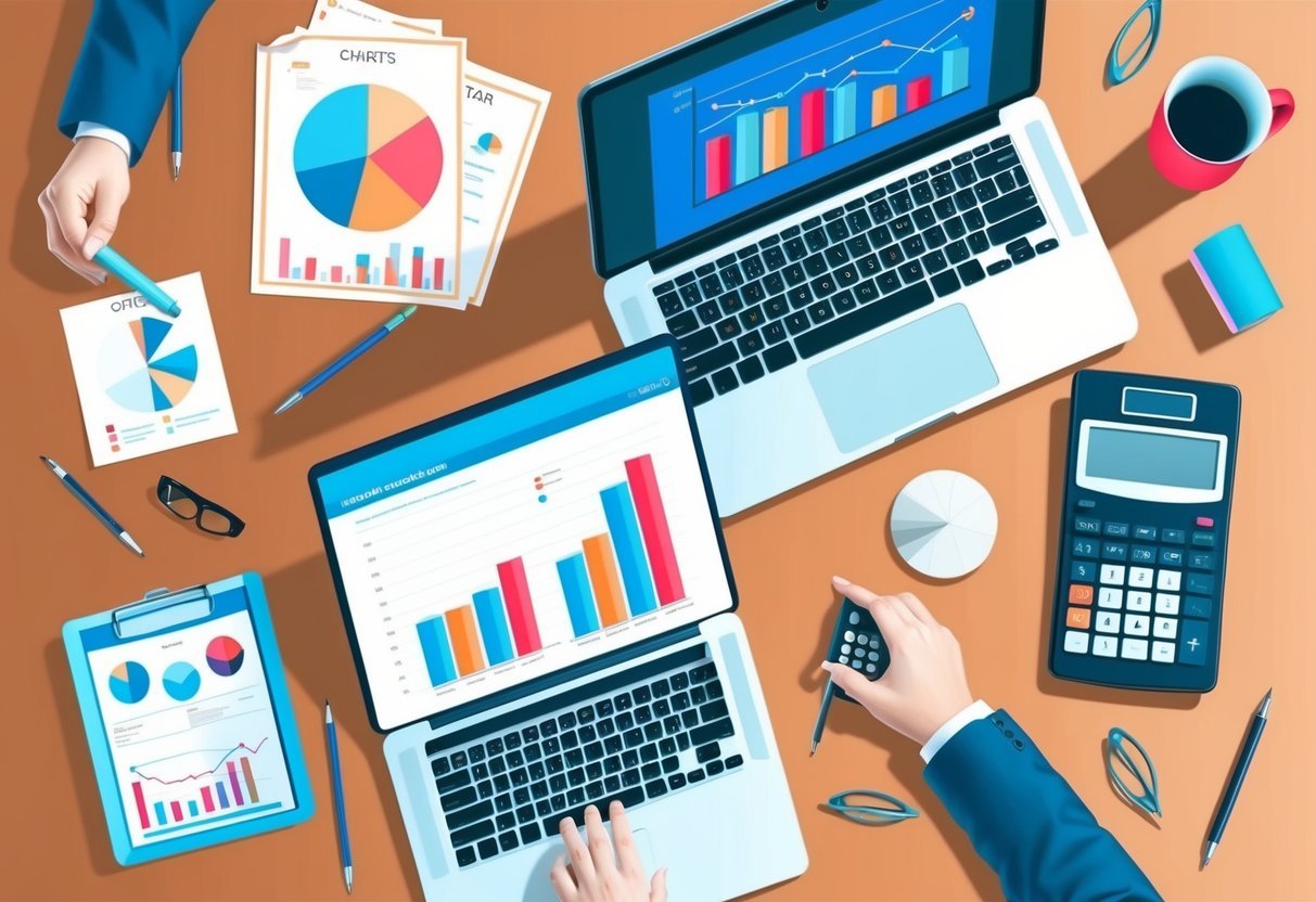 A desk with a laptop, charts, and a calculator surrounded by office supplies