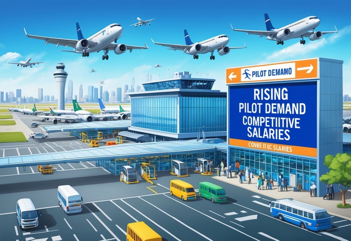 A busy airport terminal with airplanes taking off and landing, while a billboard displays rising pilot demand and competitive salaries