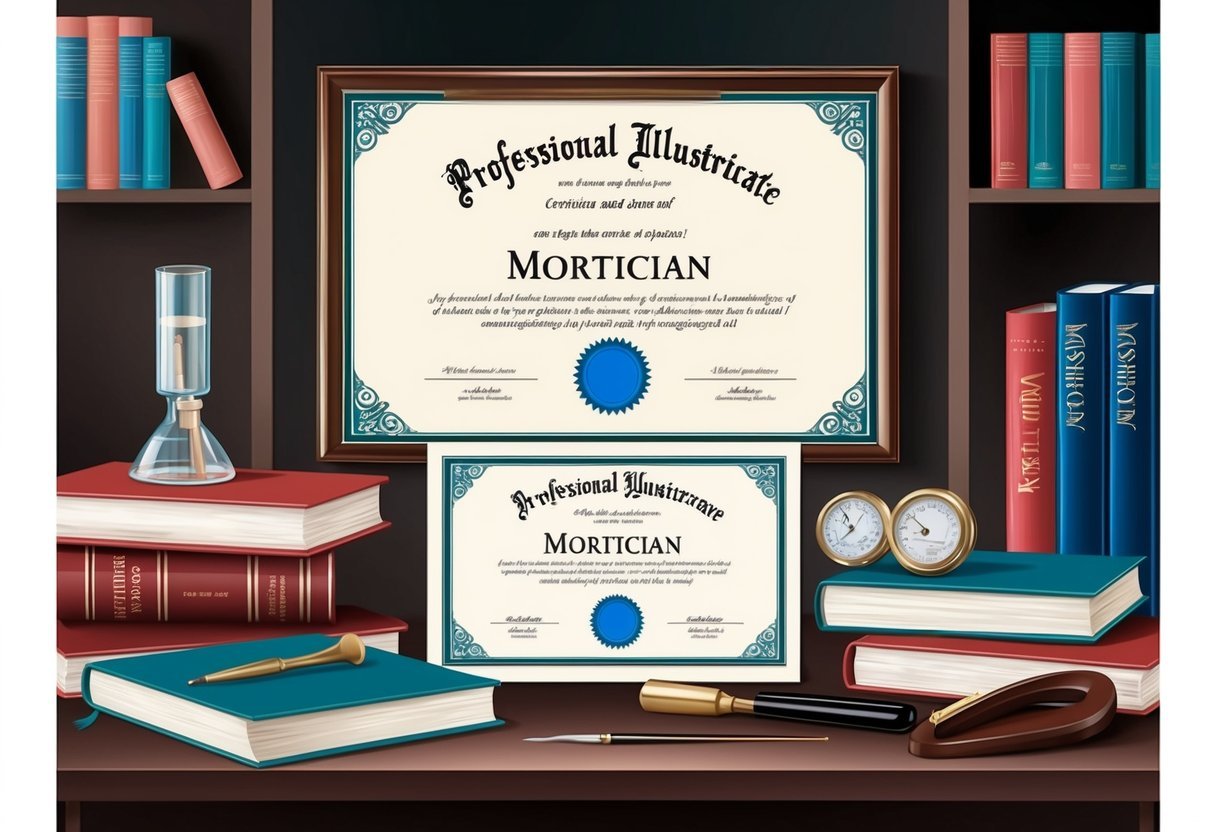 A mortician's diploma and certificate displayed on a desk, surrounded by textbooks and embalming tools