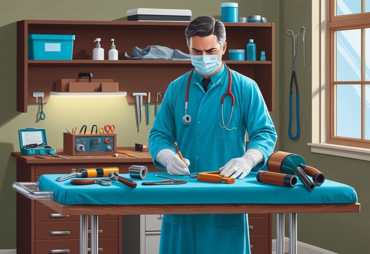 A mortician carefully arranges tools and equipment in a tidy, well-lit workspace