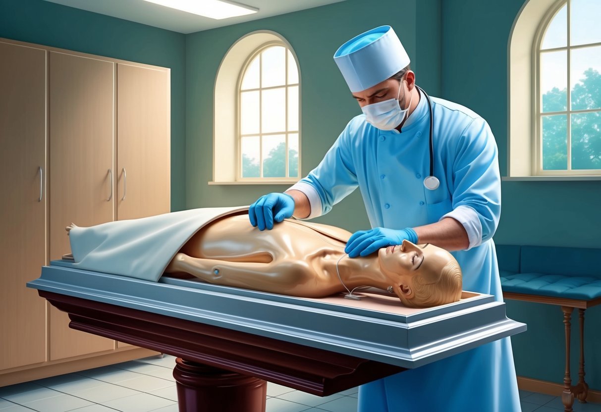 A mortician working in a clean, well-lit embalming room, preparing a body for a funeral