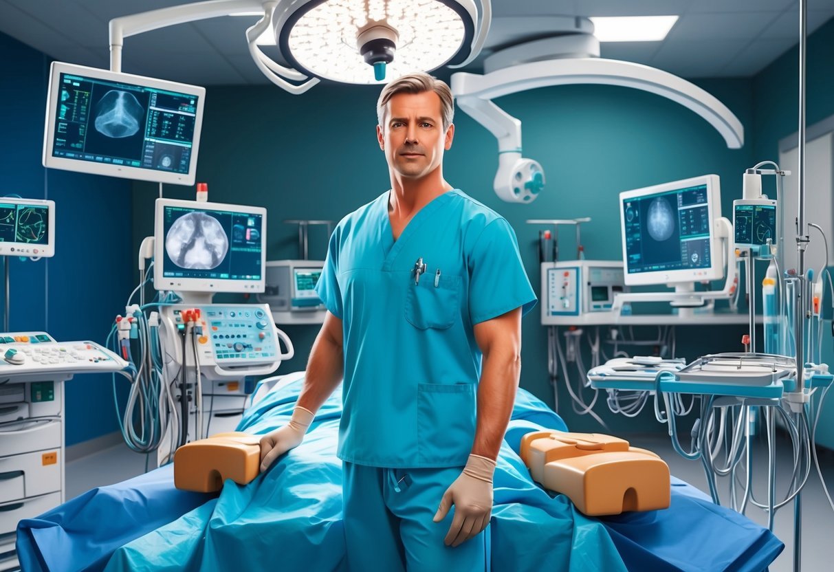 An orthopedic surgeon in scrubs standing in an operating room, surrounded by surgical equipment and monitors, preparing for a procedure