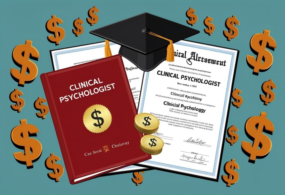 A clinical psychologist's diploma and license surrounded by dollar signs