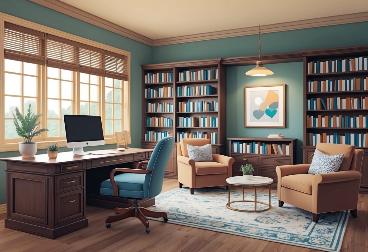 A clinical psychologist's office with a cozy, warm atmosphere.</p><p>A desk with a computer, bookshelves filled with psychology books, and comfortable seating for clients