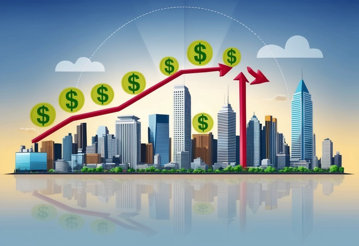 A bustling city skyline with dollar signs and upward arrows representing economic growth