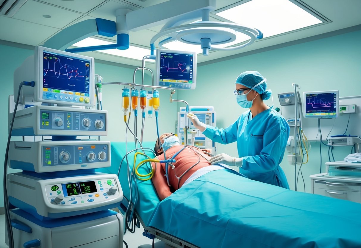 A perfusionist monitors the heart-lung machine during surgery, adjusting flow rates and oxygen levels.</p><p>The sterile operating room is filled with medical equipment and monitors