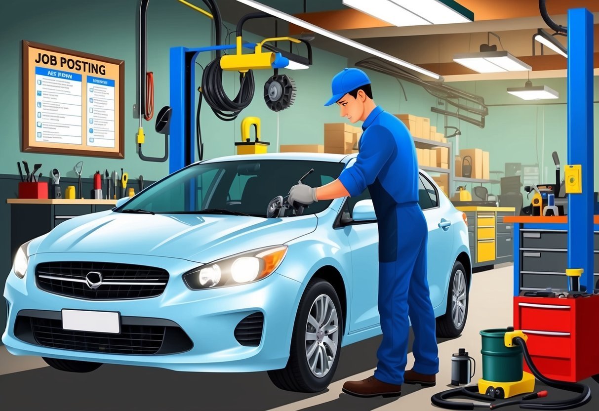 A mechanic working on a car in a busy auto repair shop, surrounded by tools and equipment, with job postings on a bulletin board