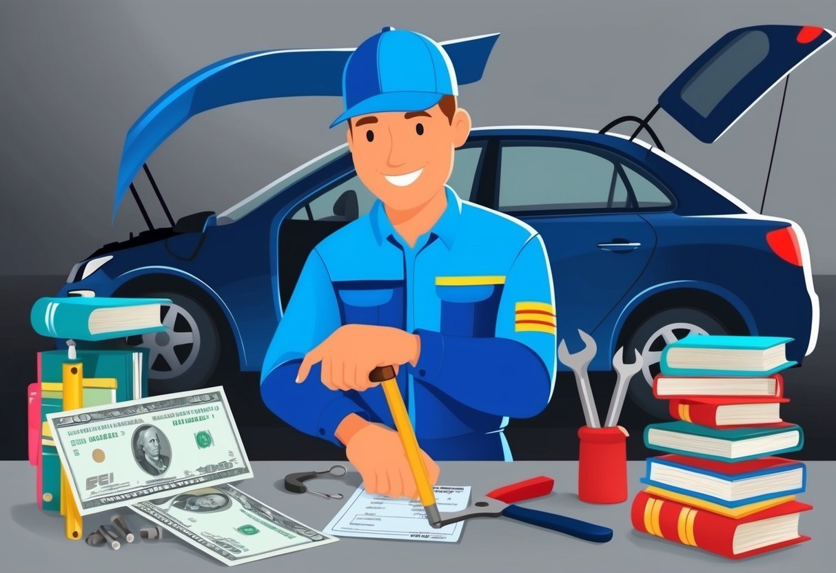 A mechanic working on a car, surrounded by educational books and tools, with a paycheck showing increased earnings