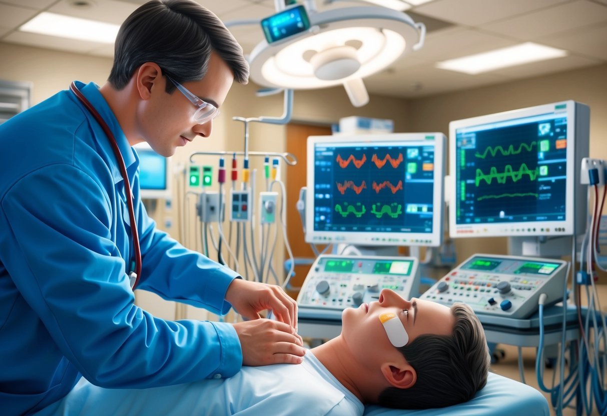 An ekg technician carefully places electrodes on a patient's chest in a hospital room filled with medical equipment and monitors