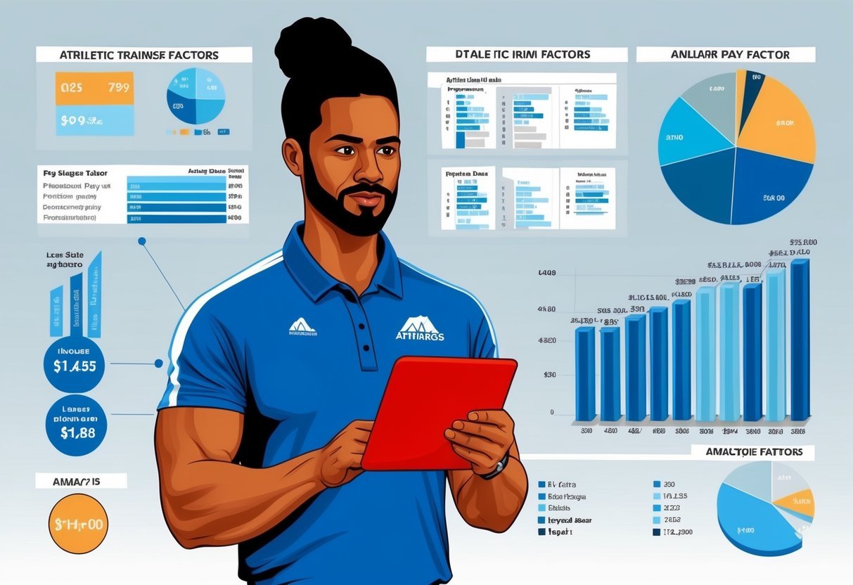 An athletic trainer analyzing pay factors with charts, graphs, and salary data