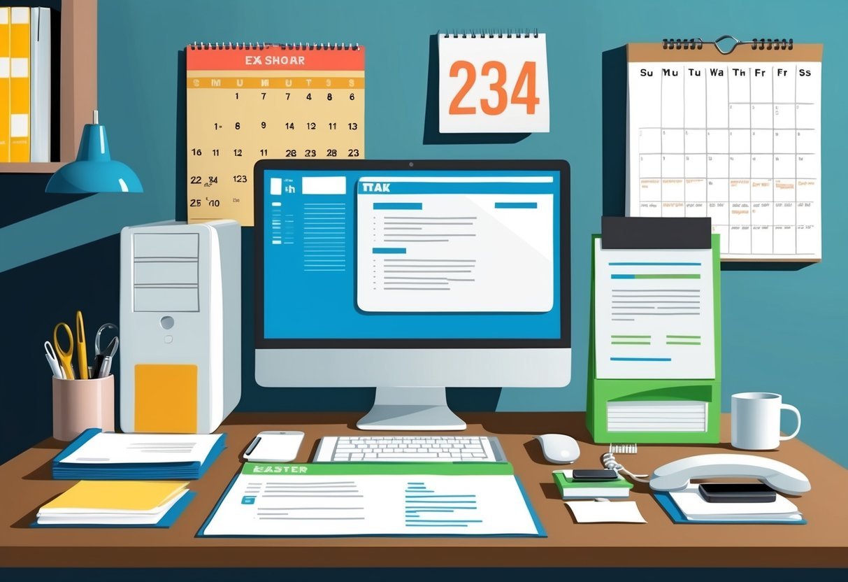 A busy executive desk with a computer, phone, and organized paperwork.</p><p>A calendar and schedule pinned to the wall.</p><p>A professional, organized atmosphere