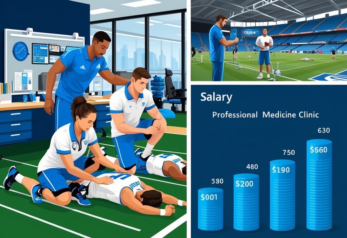 A busy sports medicine clinic with trainers tending to athletes, while another works in a professional team's training facility.</p><p>Salary figures displayed on a chart