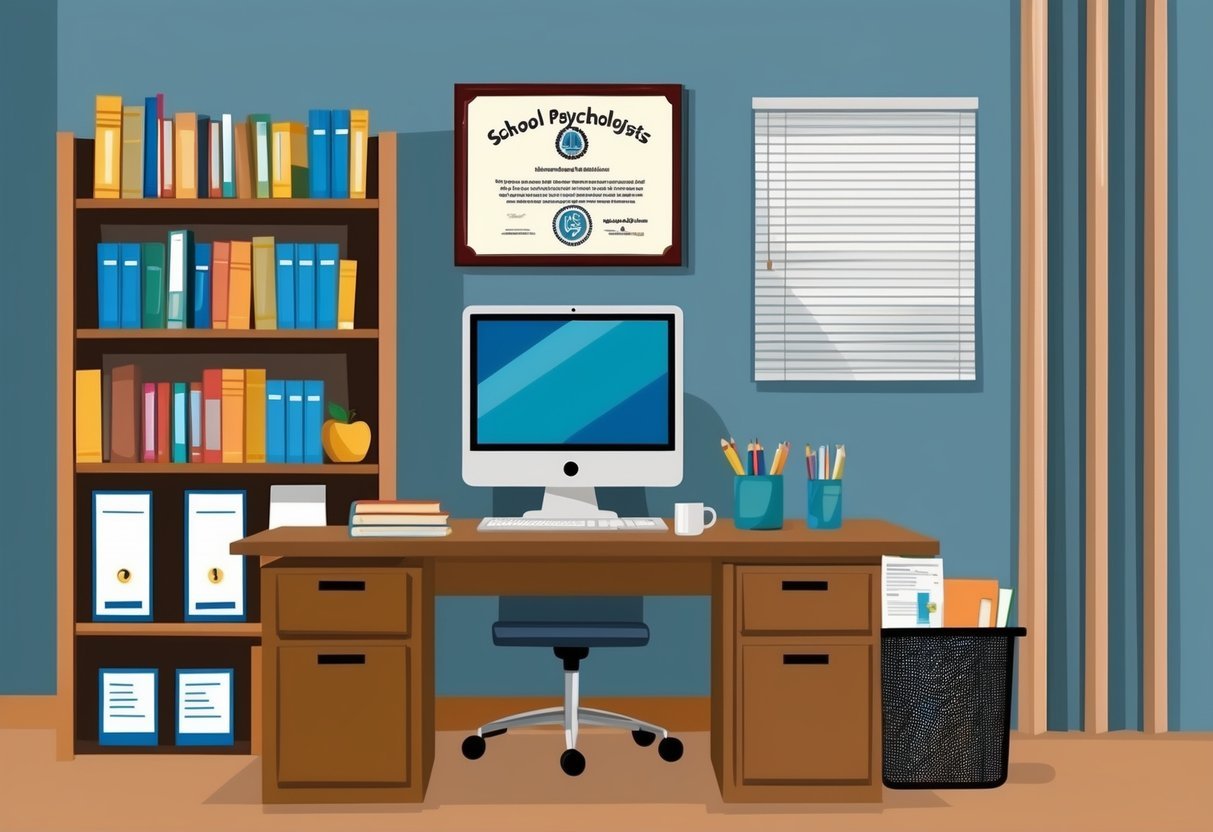 A school psychologist's office with a desk, chair, bookshelf, and diploma on the wall.</p><p>A computer and counseling materials are neatly organized