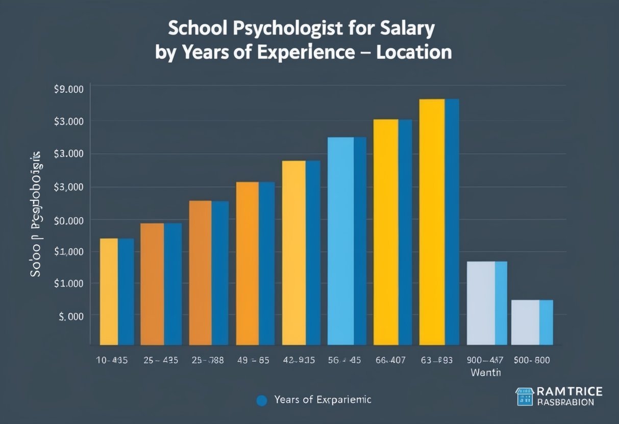 A bar graph showing salary ranges for school psychologists by years of experience and location