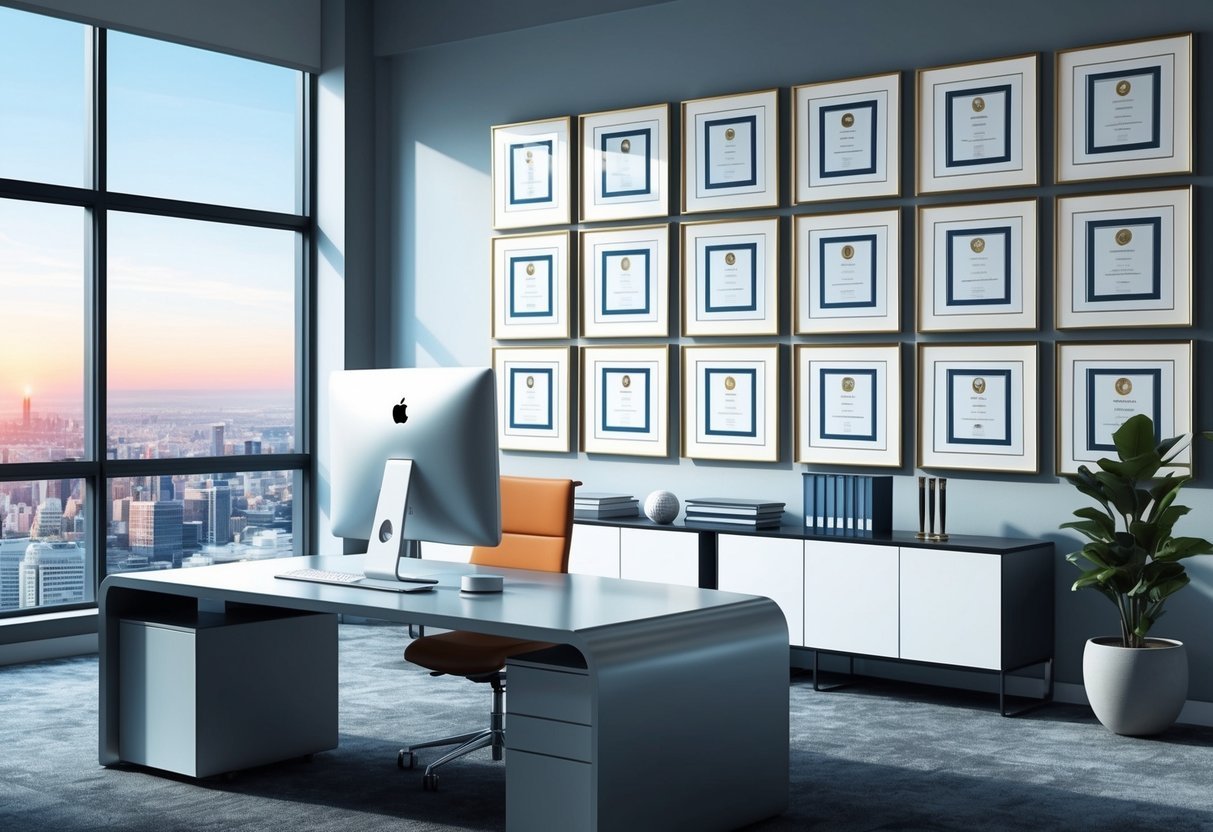 A modern office setting with a panoramic view, a sleek desk with a computer, and a wall of framed achievements and awards