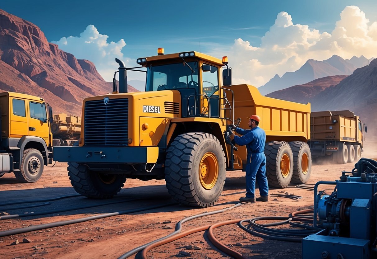 A diesel mechanic working on heavy machinery in a remote, rugged landscape, surrounded by industrial equipment and vehicles