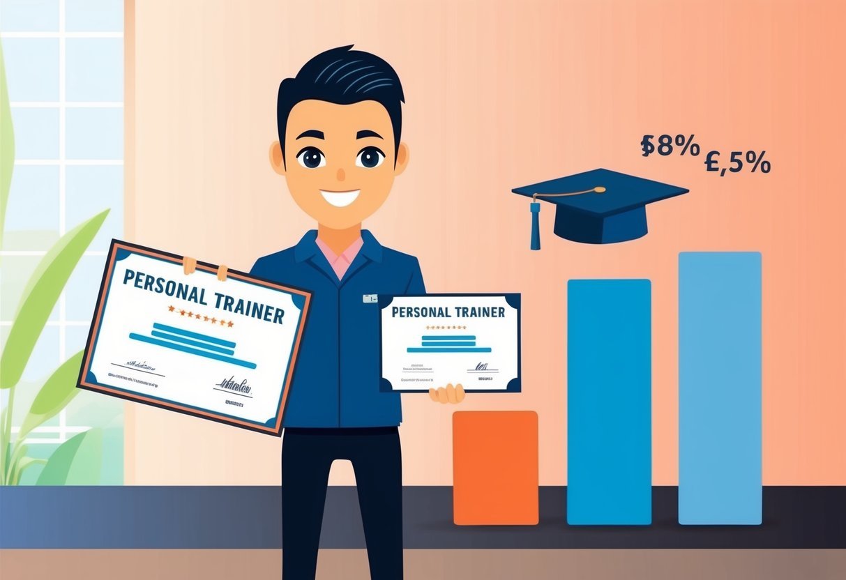 A personal trainer holding a certificate and diploma with a salary bar graph showing higher earnings with advanced education and certification