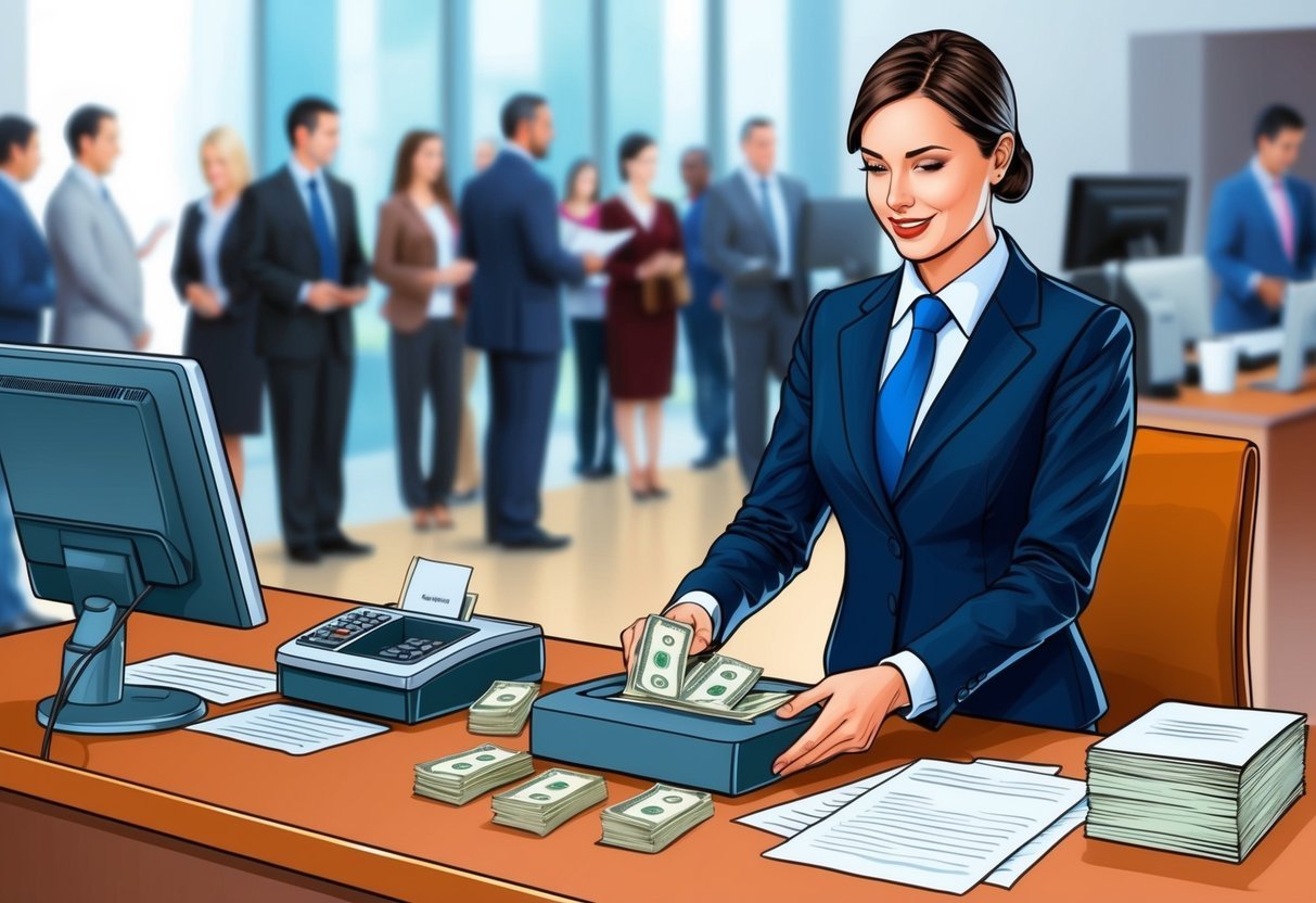 A bank teller counting cash at a desk, with a computer and paperwork nearby.</p><p>A line of customers waits in the background