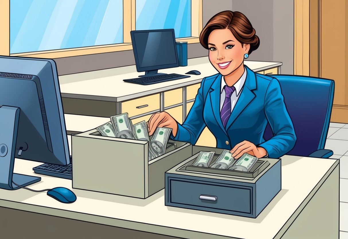 A bank teller counting money at a clean, organized workstation with a computer and cash drawer.</p><p>The teller is wearing professional attire and has a friendly, approachable demeanor